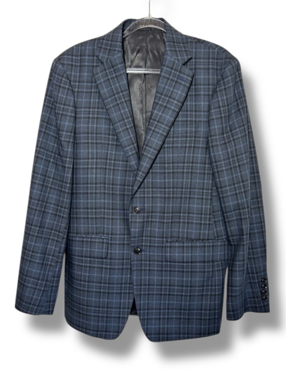 Calvin Klein Blazer Wool Navy Blue Plaid Slim Fit Two-Button 38 R